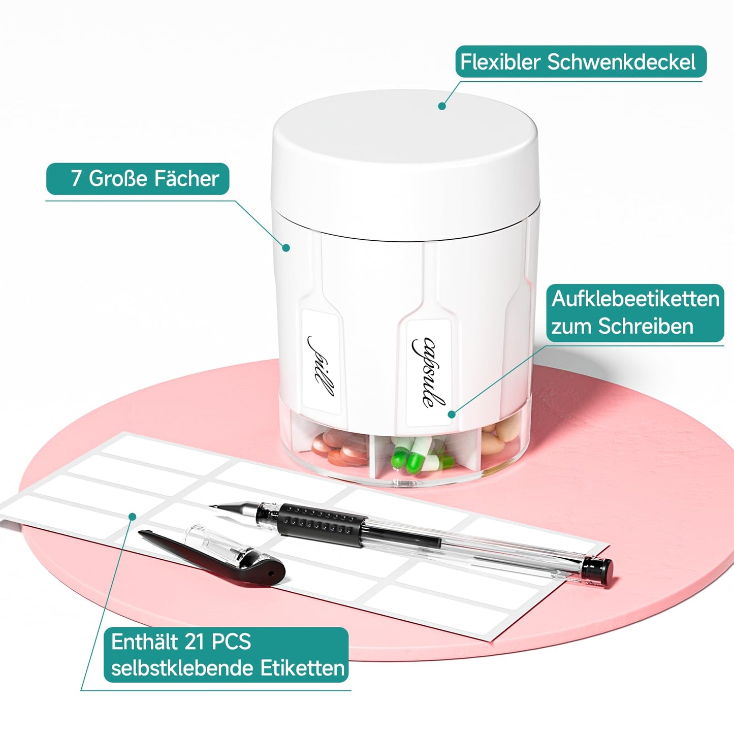 Tablettenbox 7 Tage, Windtrace Wöchentliche Reise Pillendose 7 Fächer mit Großen Separaten Fächern, Tägliche Medikamentenbox für Vitamine oder Medikamente zu halten, einschließlich 21 St. Etiketten