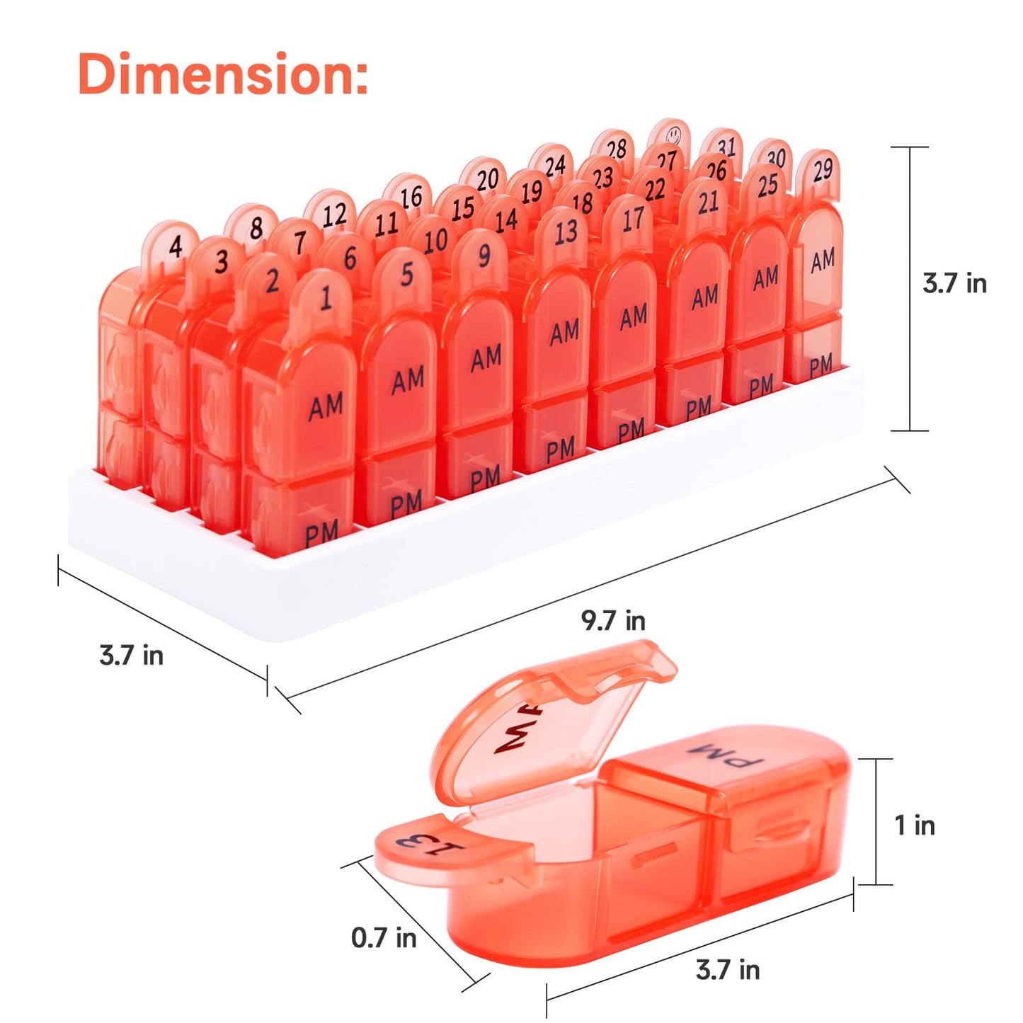 Monthly Pill Organizer, 30 Day Pill Organizer 2 Times A Day, One Month Pill Box Organizer AM PM, 31 Day Pill Organizer with 32 Daily Compartments for Fish Oil, Vitamins, Orange
