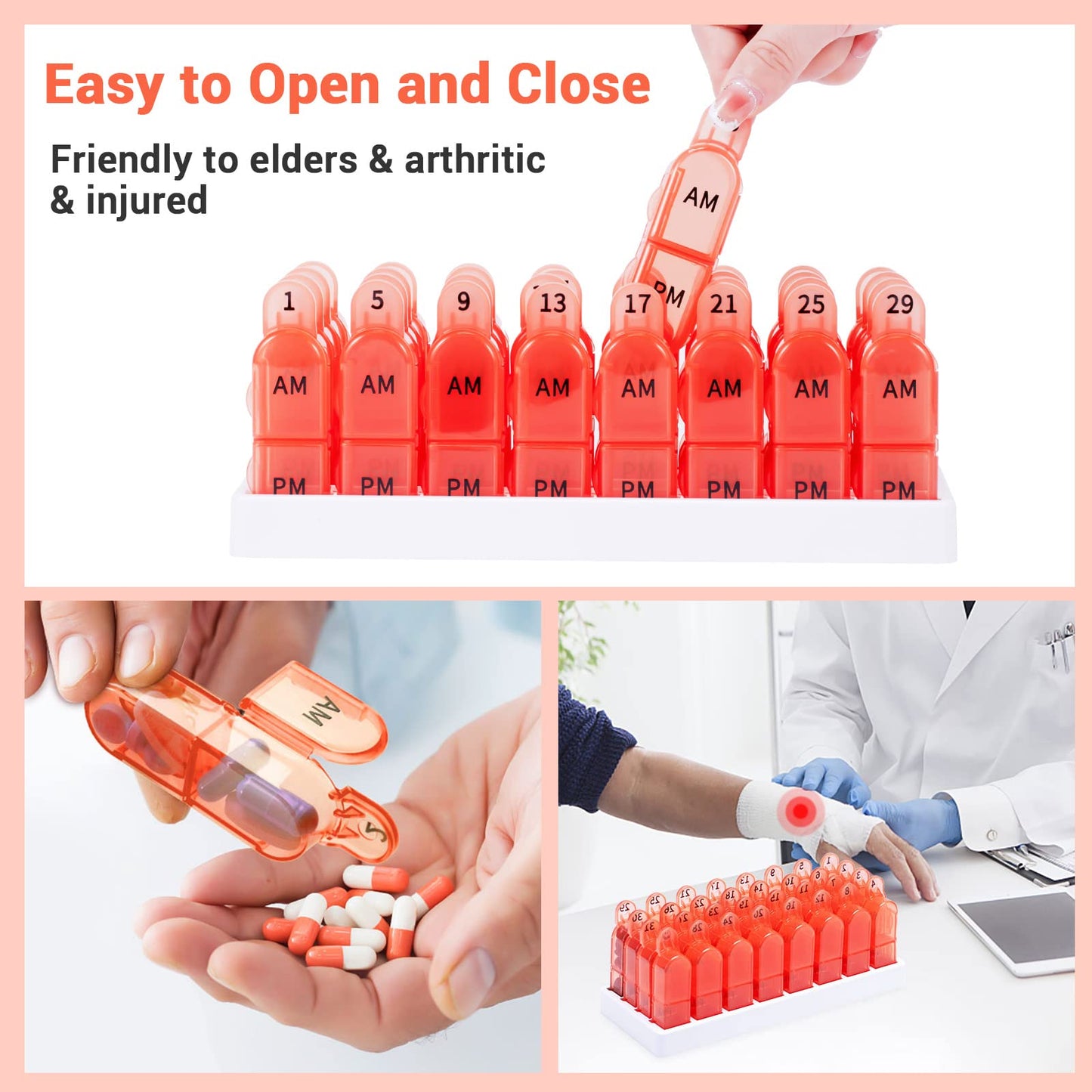 Monthly Pill Organizer, 30 Day Pill Organizer 2 Times A Day, One Month Pill Box Organizer AM PM, 31 Day Pill Organizer with 32 Daily Compartments for Fish Oil, Vitamins, Orange