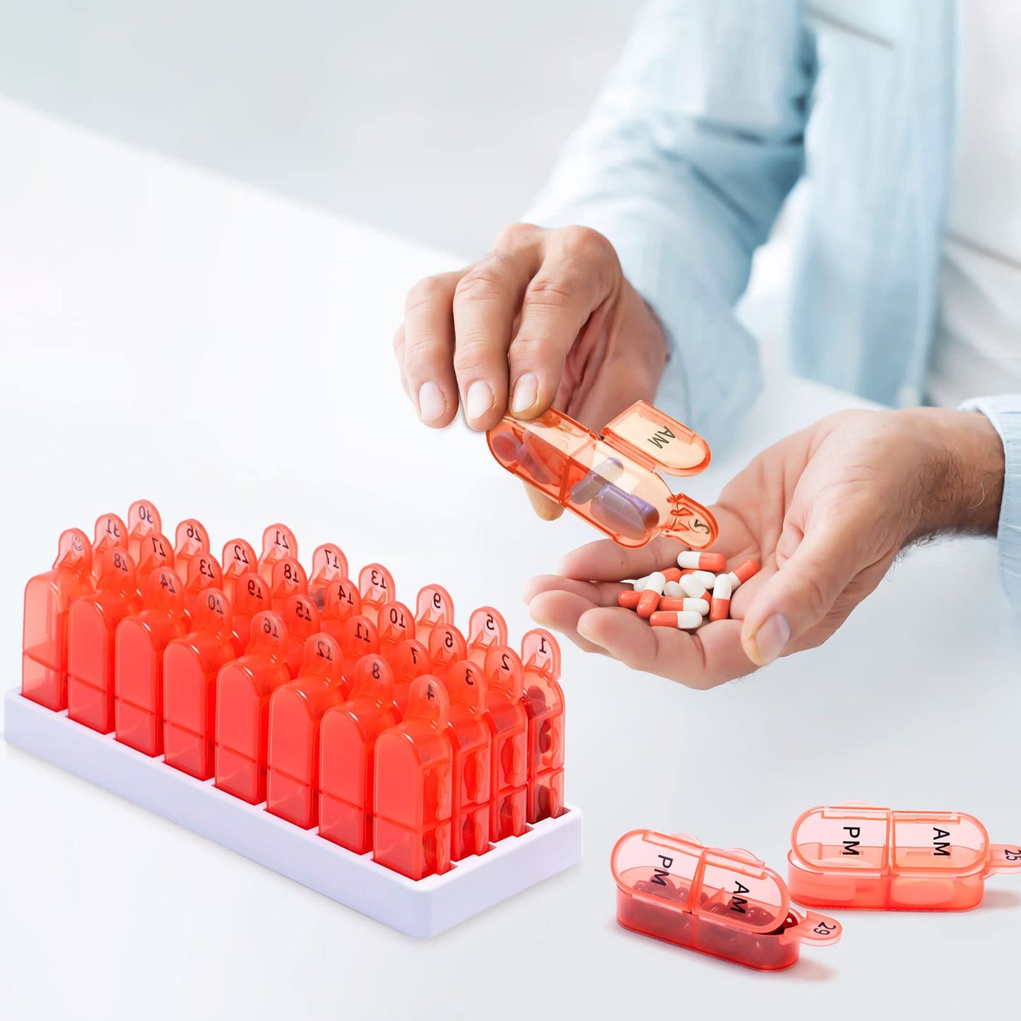 Monthly Pill Organizer, 30 Day Pill Organizer 2 Times A Day, One Month Pill Box Organizer AM PM, 31 Day Pill Organizer with 32 Daily Compartments for Fish Oil, Vitamins, Orange