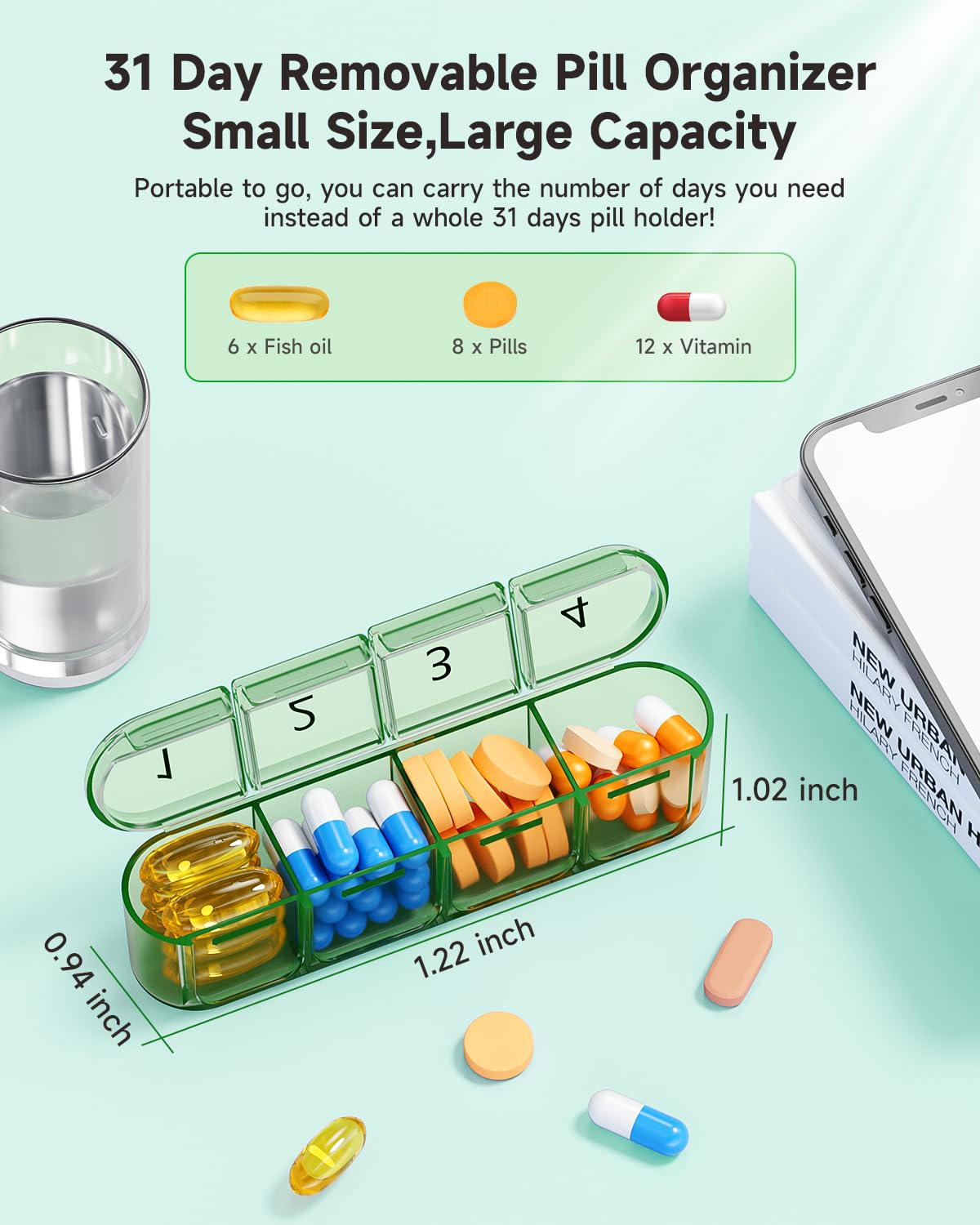 Monthly Pill Organizer 1 Times a Day,30 Day Pill Box,One Month Pill Case Once a Day,31 Day Pill Holder Medicine Organizer for Vitamin,Green