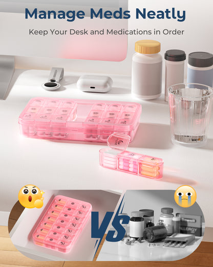 Pill Organizer 3X a Day｜Pink Perfection Portable Pill Case｜7-Day Weekly Compartment｜Stylish Travel Essential for Fashionistas｜BPA-Free Health Companion｜Luxury Bag Must-Have