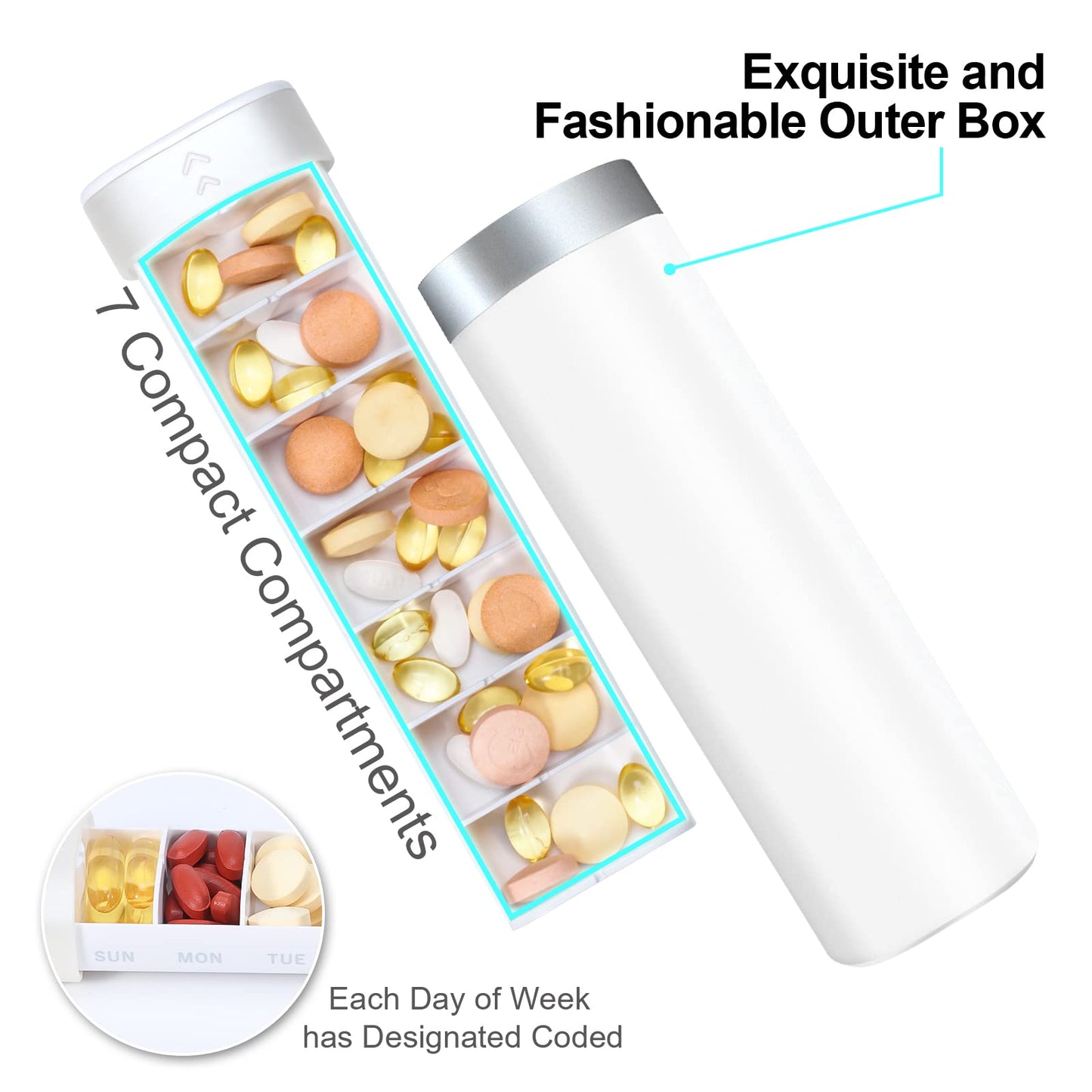 Cute Pill Organizer, Weekly Travel Pill Box 7 Day with Privacy Protection Design, Daily Pill Case Container Dispenser to Hold Vitamins, Medication, Supplements