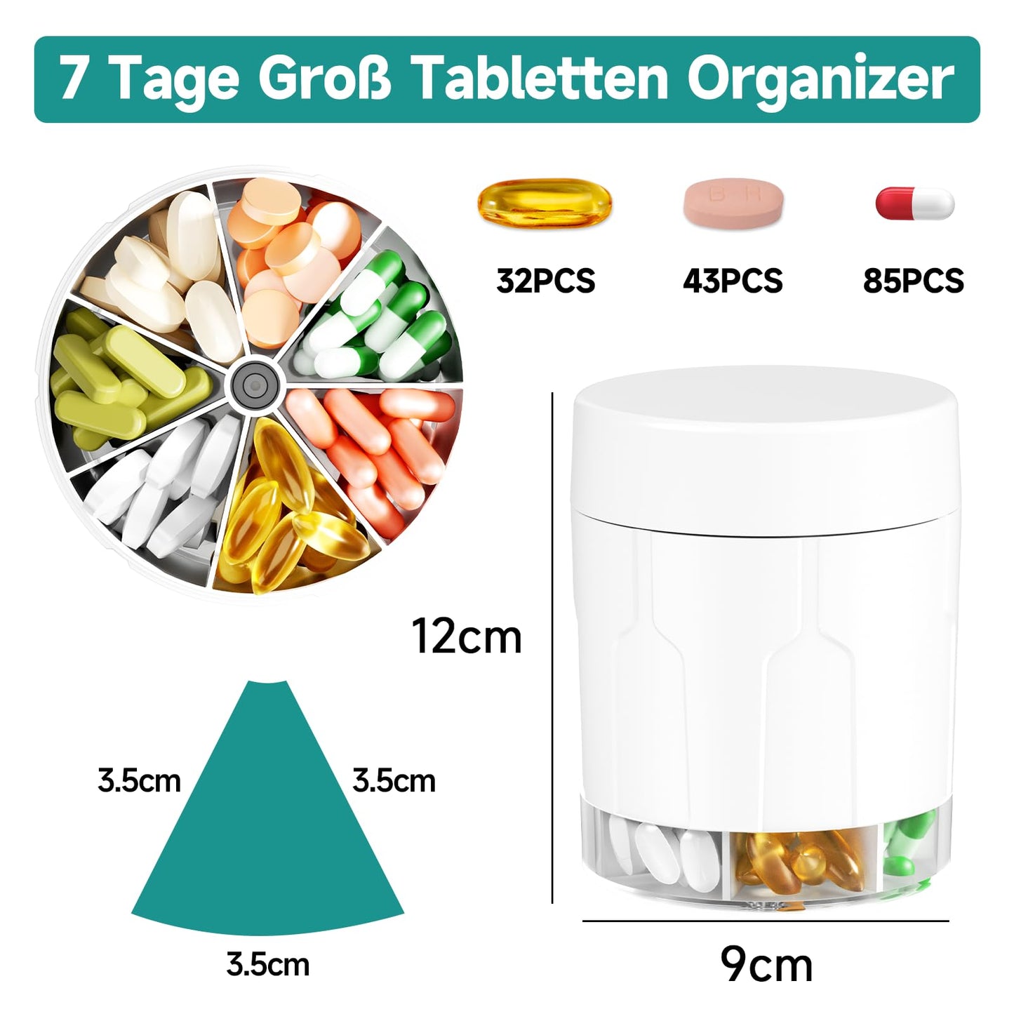 Tablettenbox 7 Tage, Windtrace Wöchentliche Reise Pillendose 7 Fächer mit Großen Separaten Fächern, Tägliche Medikamentenbox für Vitamine oder Medikamente zu halten, einschließlich 21 St. Etiketten