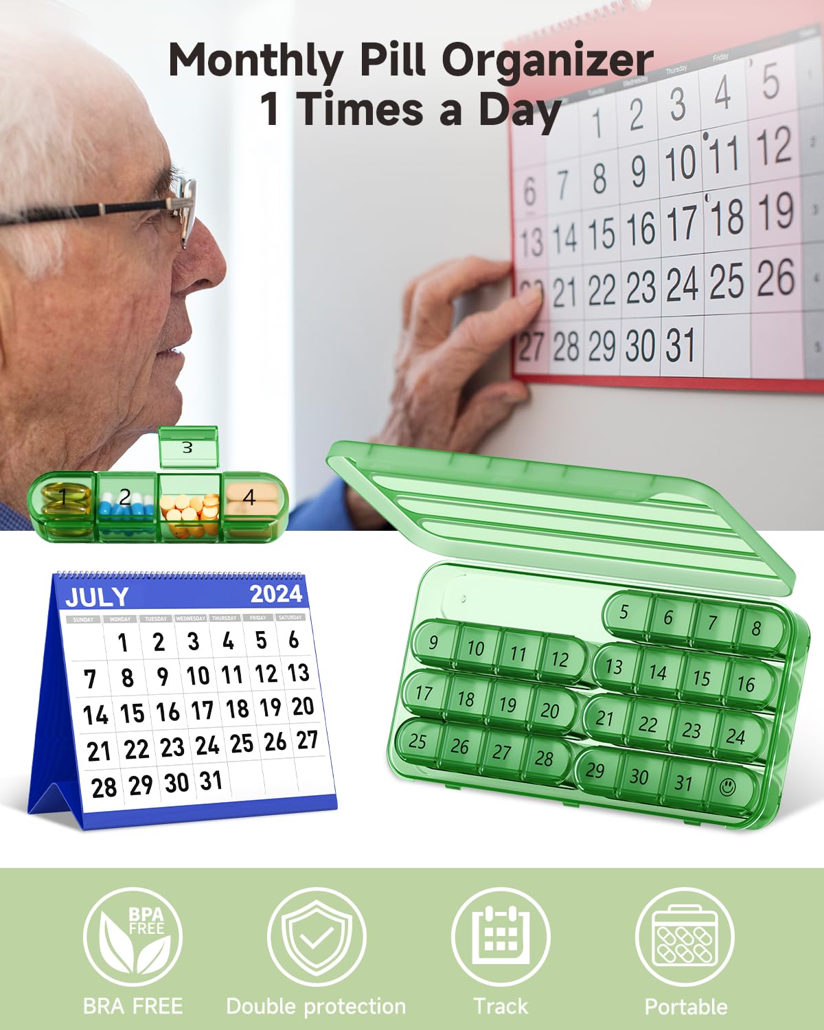 Monthly Pill Organizer 1 Times a Day,30 Day Pill Box,One Month Pill Case Once a Day,31 Day Pill Holder Medicine Organizer for Vitamin,Green