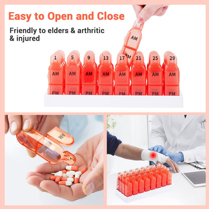 Monthly Pill Organizer, 30 Day Pill Organizer 2 Times A Day, One Month Pill Box Organizer AM PM, 31 Day Pill Organizer with 32 Daily Compartments for Fish Oil, Vitamins, Orange