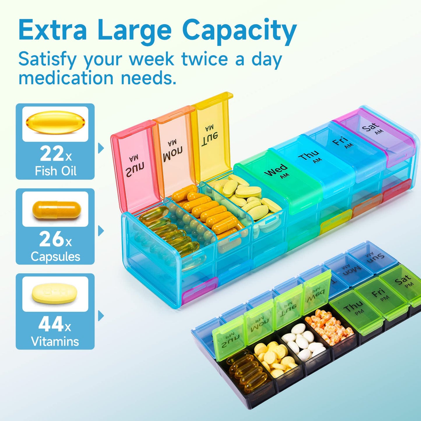 Extra Large Pill Organizer, 2 Times a Day Large Weekly Medicine Organizer, Pill Box 7 Day Am Pm to Hold Daily Fish Oils, Vitamins, Supplements, Jumbo Pill Container with Big BPA Free Pill Holder