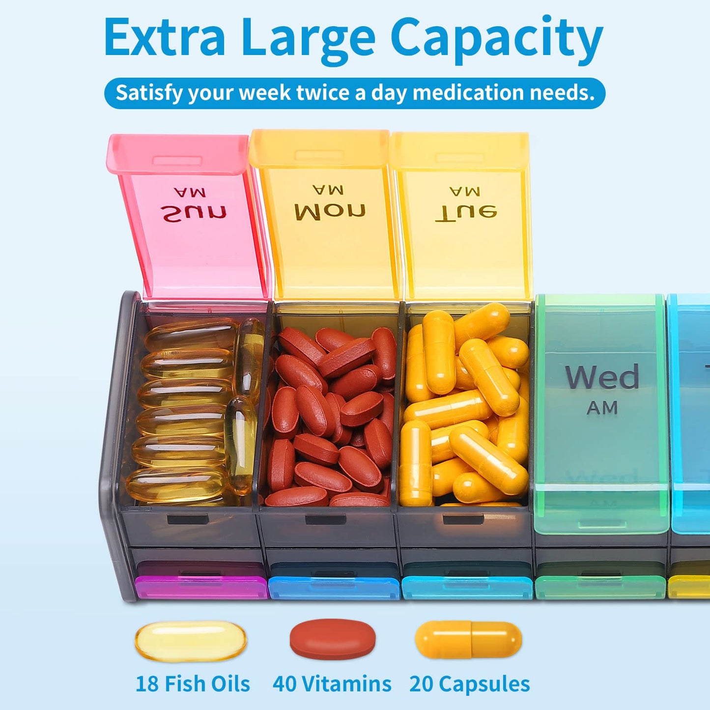 Extra Large Weekly Pill Organizer - 2 Times a Day Pill Box Case, AM PM Pill Organizer 7 Day, Jumbo Pill Container for Supplements Big Pill Holder Twice A Day, XL Daily Medicine Organizer for Vitamins