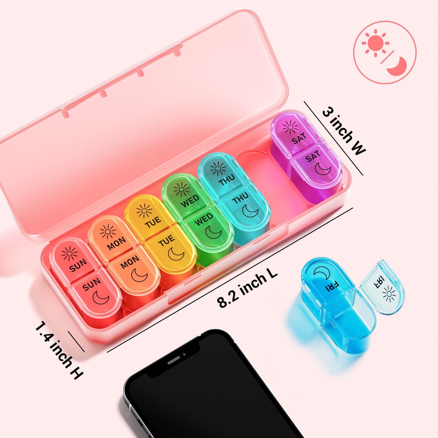 Weekly Pill Organizer 2 Times A Day, Windtrace Large Travel Pill Box 7 Day, AM PM Daily Medicine Pill Organizer with 7 Daily Pocket Cases, Pill Holder Container for Vitamin, Supplement, Fish Oil