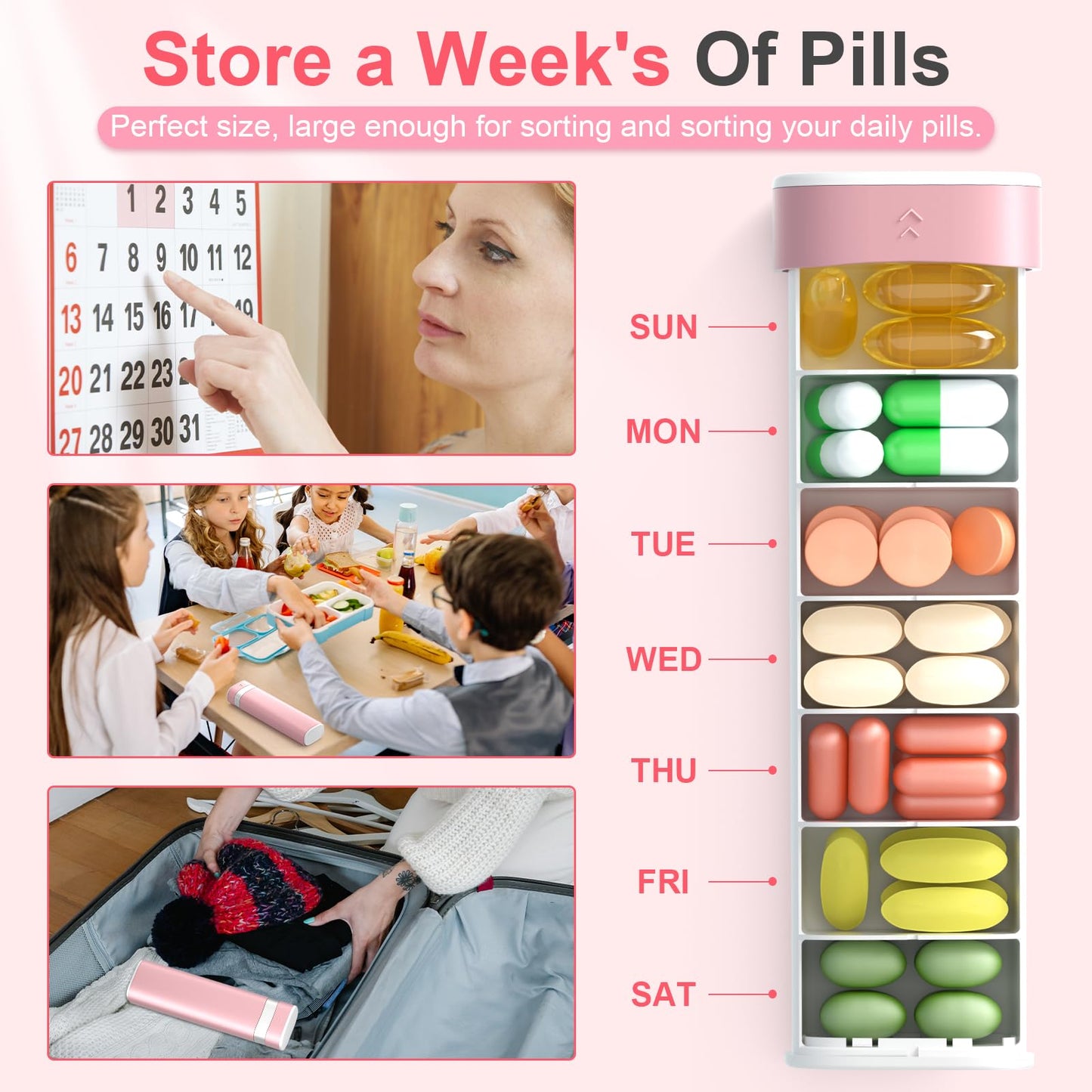 Pill Organizer 7 Day, Weekly Travel Pill Box, Cute Medicine Organizer with Portable Design, BPA Free Daily Pill Holder Dispenser for Supplements, Vitamins, Medication, Pill Cases for Women