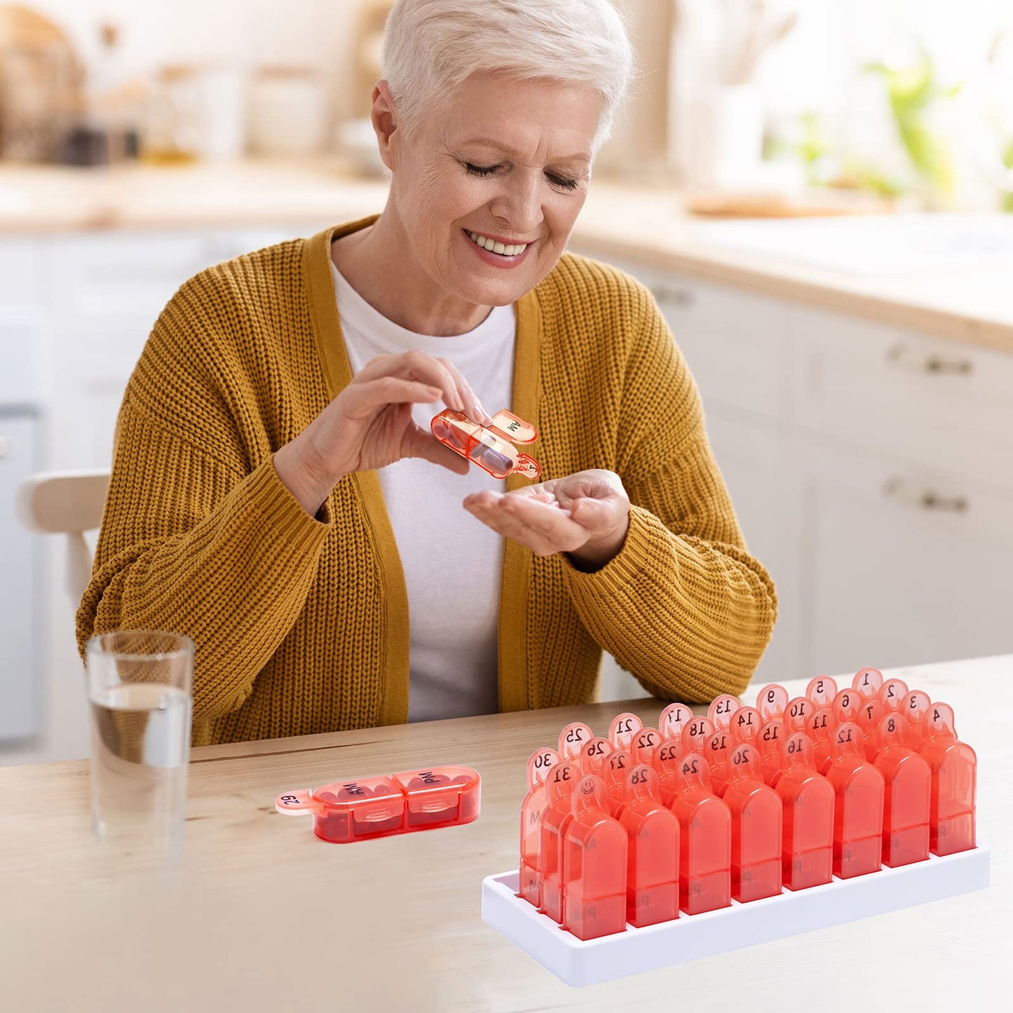 Monthly Pill Organizer, 30 Day Pill Organizer 2 Times A Day, One Month Pill Box Organizer AM PM, 31 Day Pill Organizer with 32 Daily Compartments for Fish Oil, Vitamins, Orange