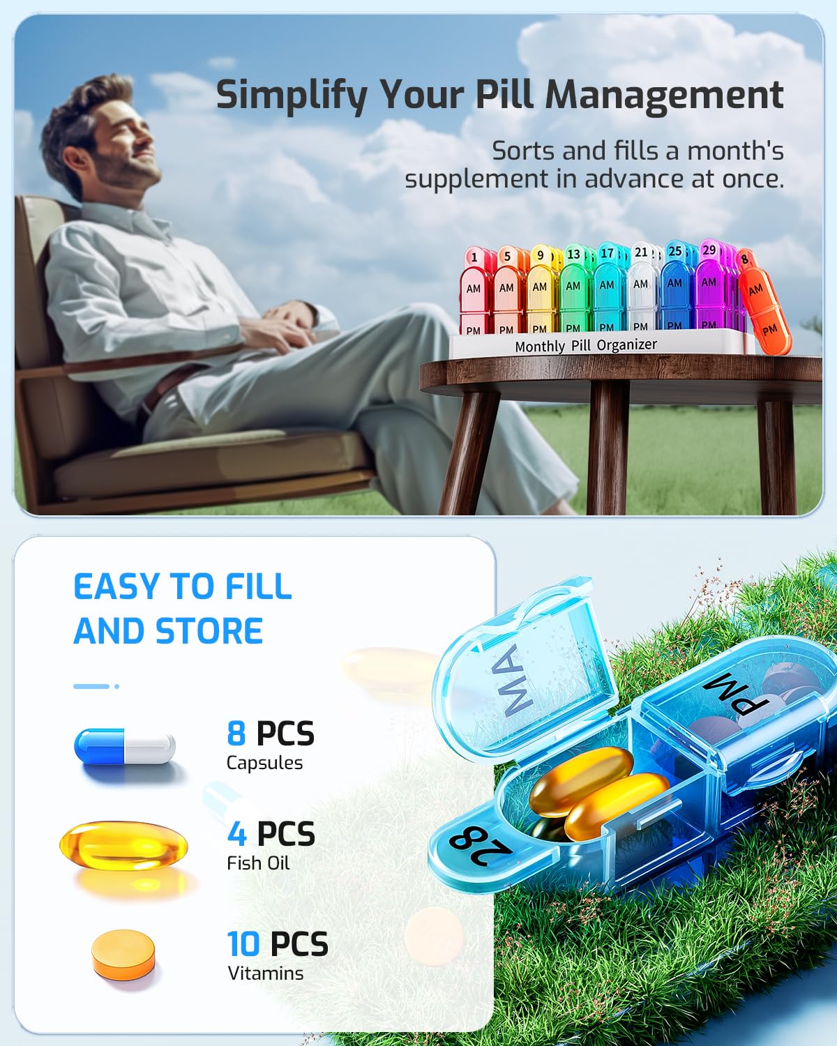 Monthly Pill Organizer 2 Times a Day, 30 Day Pill Organizer AM PM, Portable 31 Day Pill Organizer Twice a Day, Large One Month Pill Box Cases for Vitamins, Fish Oil, and Supplements