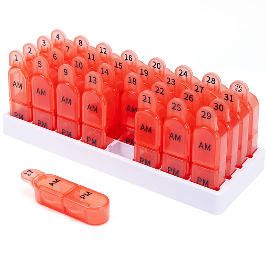 Monthly Pill Organizer, 30 Day Pill Organizer 2 Times A Day, One Month Pill Box Organizer AM PM, 31 Day Pill Organizer with 32 Daily Compartments for Fish Oil, Vitamins, Orange