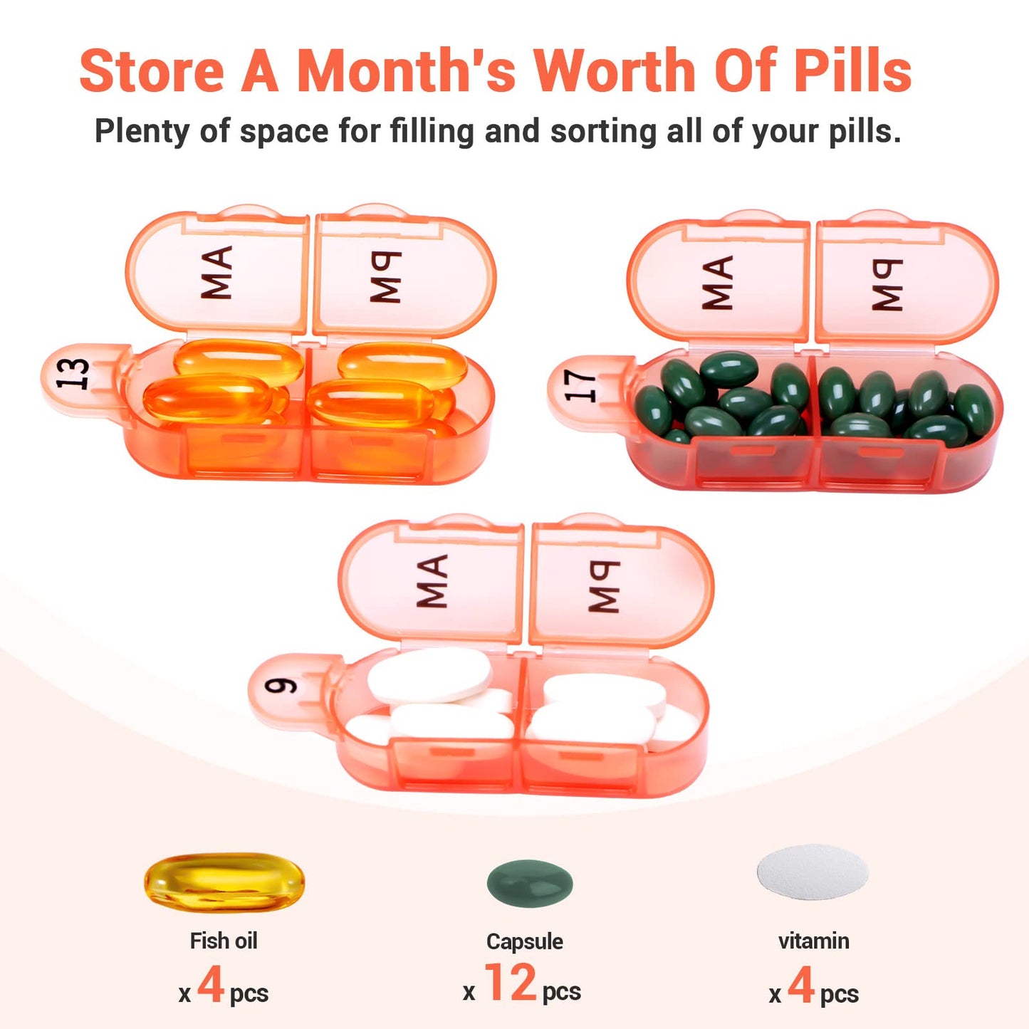 Monthly Pill Organizer, 30 Day Pill Organizer 2 Times A Day, One Month Pill Box Organizer AM PM, 31 Day Pill Organizer with 32 Daily Compartments for Fish Oil, Vitamins, Orange